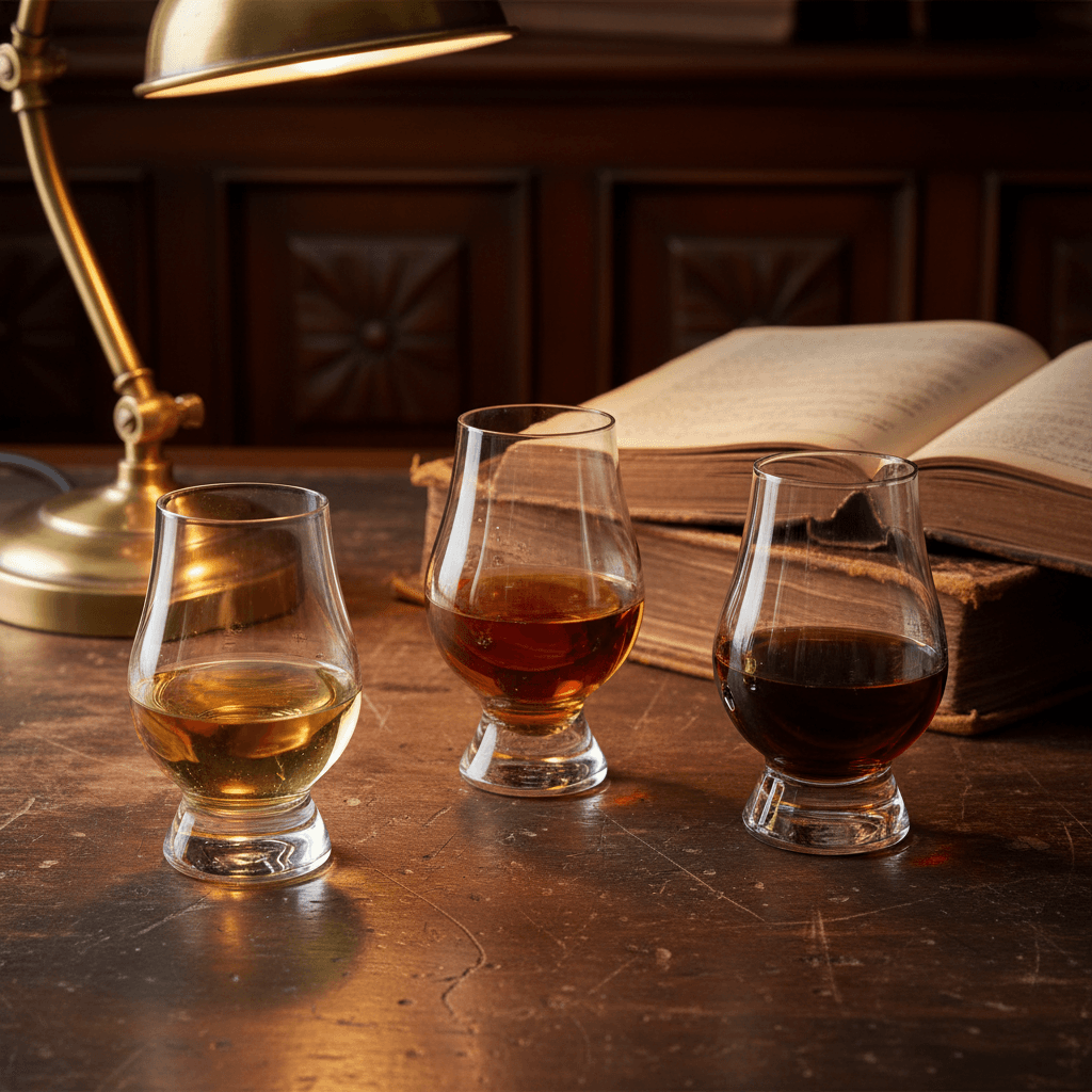 Two glasses of peated Islay whisky side by side on a dark wooden table