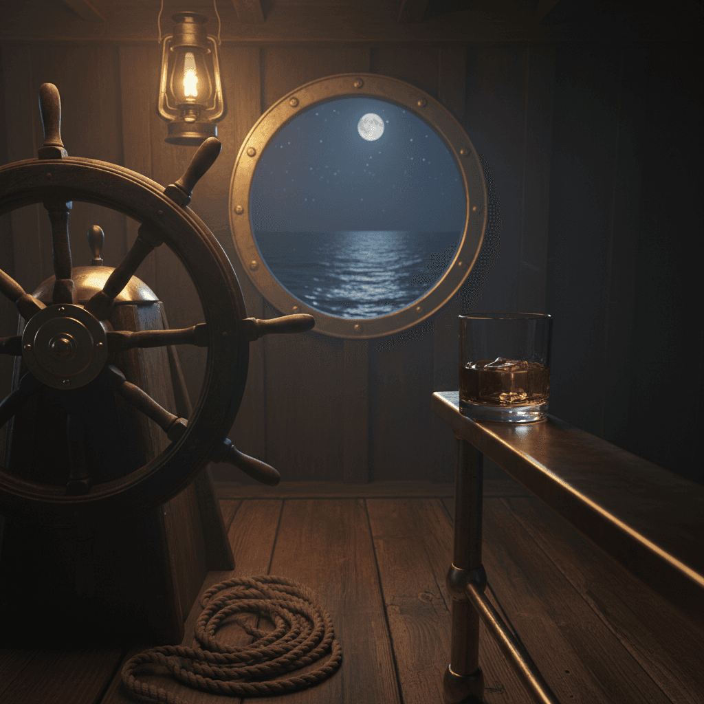 A compass and whiskey glass on a weathered oak table