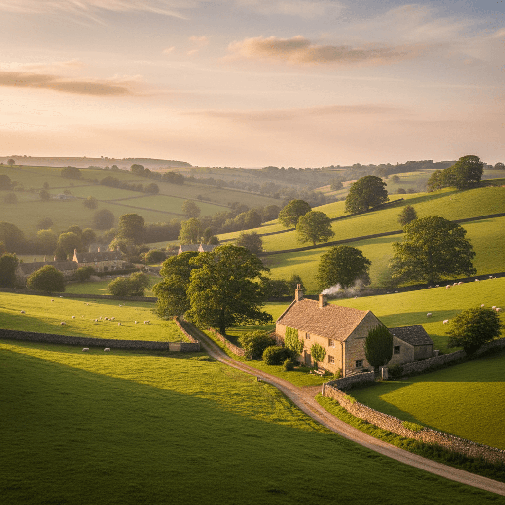 Rolling English countryside with a stone distillery building set against green hills and dry stone walls