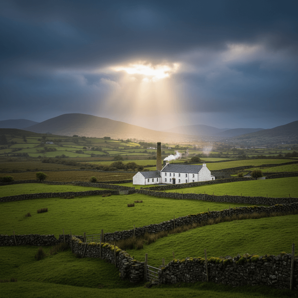 Georgian Dublin streetscape at dusk with warm light spilling from a distillery doorway