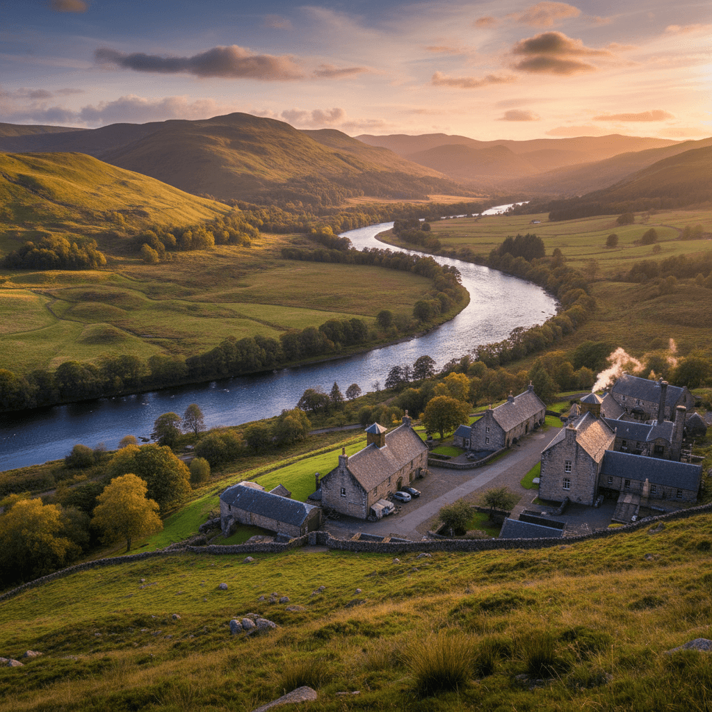 Rolling Speyside hills with pagoda-topped distillery buildings nestled among green fields