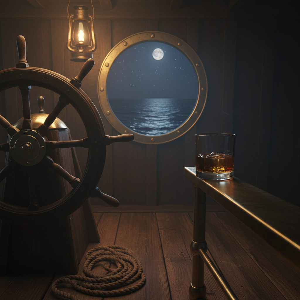 The interior of a whisky distillery — copper pot stills gleaming under industrial lights with a distiller checking gauges